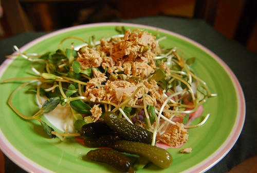 Tuna salad on pea shoots with gherkins