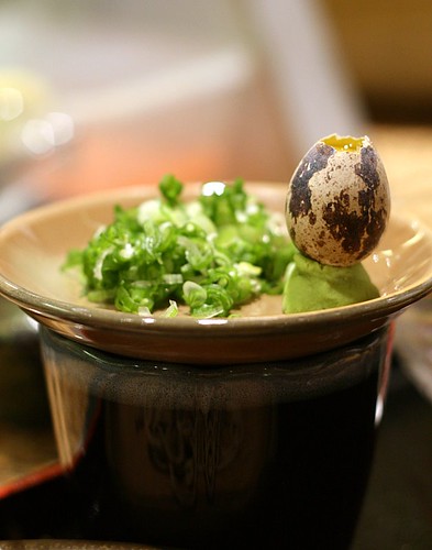tsuyu with condiments - raw quail's egg and chopped spring onions