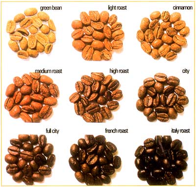 Colores del grano del café por grados del tostado