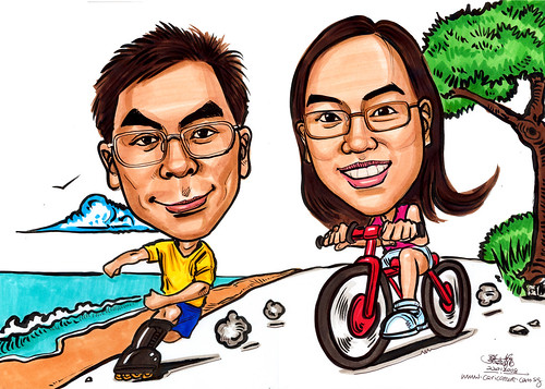 Caricatures couple roller blading cycling A4