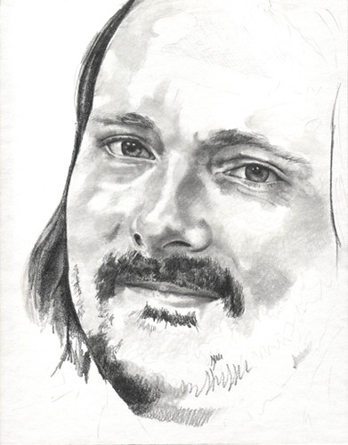 In progress scan of graphite drawing entitled KSmith