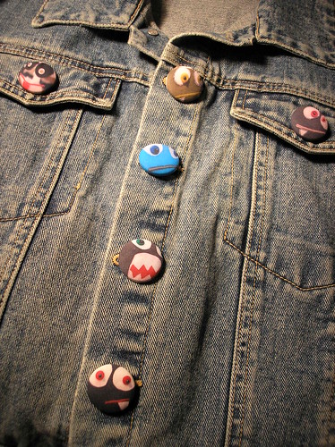 Monster Print Covered Buttons on a Jean Jacket