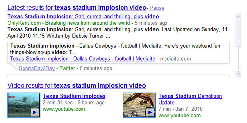 Texas Stadium Implosion Video in Google's Real-Time Search