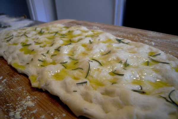 pizza bianca, dough prepped for the oven