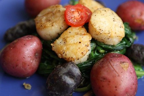 Seared Scallops with Boiled Potatoes and Sauteed Ramps
