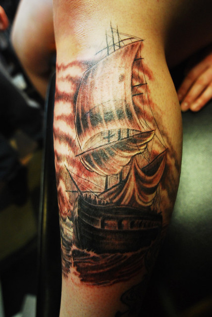 Pirate Ship tattoo. Tattoo done by Donald Purvis at Asgard Ink tattoo studio 