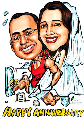 Caricatures couple marathon wedding third anniversary