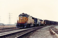 Eastbound Union Pacific transfer train. Hayford Junction. Chicago Illinois. March 1985.