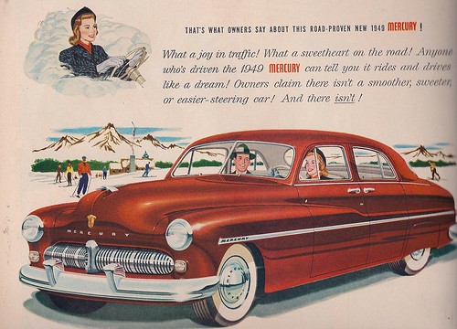 Ad Mercury 1949 A Sweetheart on the Road and a sweetheart behind the wheel