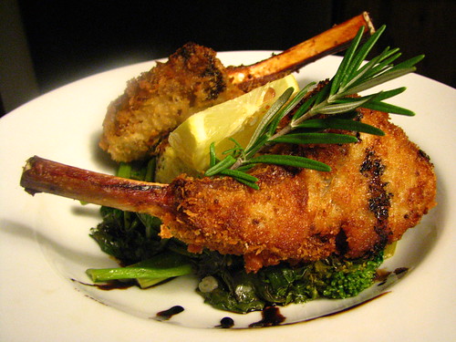 Fried Lamb Chops with Reduced Balsamic and Rosemary Sauce and Grilled Polenta w/ Broccoli di Rape
