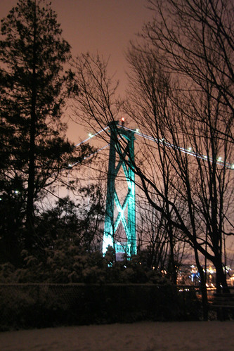 Vancouvers Lions Gate Bridge, seen from Stanley Park on a winter night