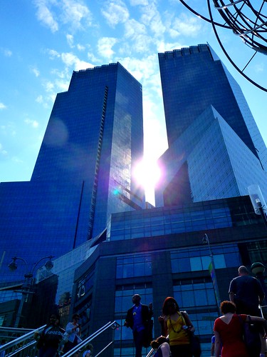 Time Warner Center New York. Time Warner Center, New York City. Shot of Time Warner Center with sun between towers