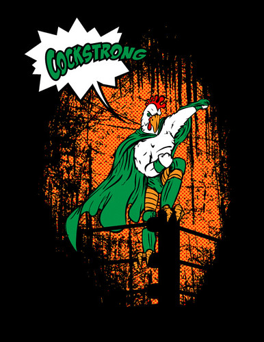 Johnny Cockstrong rooster mascot t shirt graphic