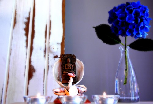 Room of the Blue Flower Buddha, shells, glass vase, votive candles, tabletop, Lael's house, Mountlake Terrace, Washington, USA by Wonderlane