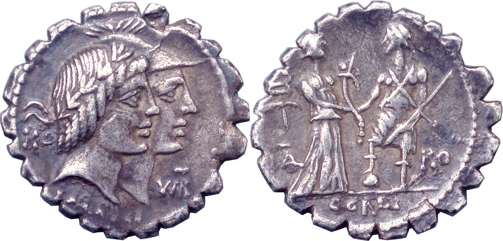 68BC 403-01-09253-37-KALENI CORDI Honos Virtus jugate Italy greets Roma Denarius