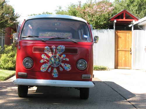Red VW Bus Bay Window in Fort Worth Texas Front View