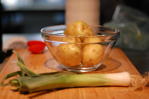 Leeks and taters.  In a bowl.