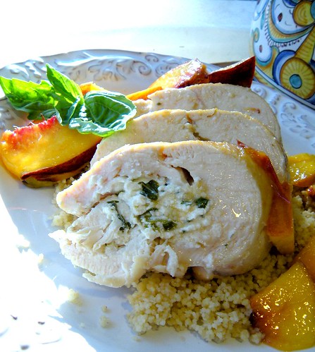 Goat Cheese Stuffed Chicken with Peaches in White Wine Sauce