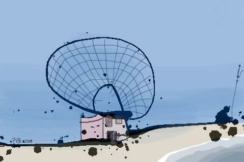 radar station on the beach, fisherman