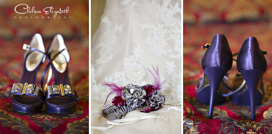 Roberto Cavalli purple jeweled high heels grey and pink feather garter belt