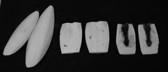 d. Three stages in using cuttle fish bones to create moulds.Photograph by Gates Sofer.