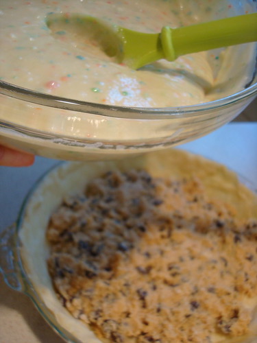 Pouring Cake Batter on Cookie dough in Pie Crust