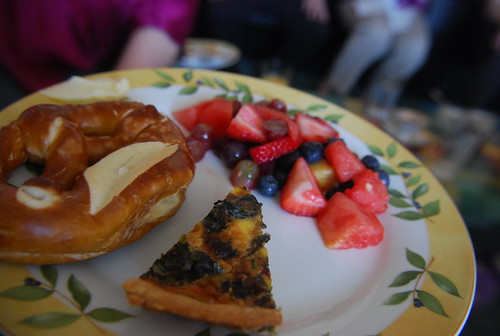 Mother's Day Brunch: fresh pretzel, fruit salad, quiche