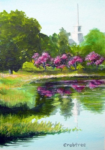 paintings of trees and lakes. 5quot; x 7quot; Flowering tree acrylic