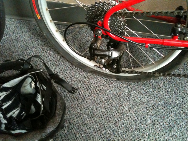 Back at the office, the Bike Friday with its first flat.