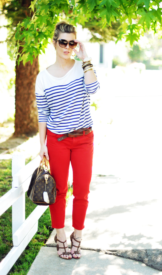 nautical, 2 blue and white striped top     with cropped red pants and brown accessories