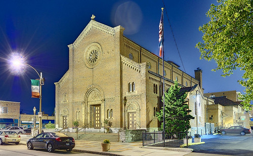 Saint Ambrose Roman Catholic Church, in the Hill neighborhood of Saint Louis, Missouri, USA - exterior at night