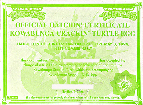TEENAGE MUTANT NINJA TURTLES :"KOWABUNGA CRACKIN' TURTLE EGG" :: SHELL SPLITTIN' RAPHAEL .. "Official Hatchin' Certificate"    (( 1994 ))
