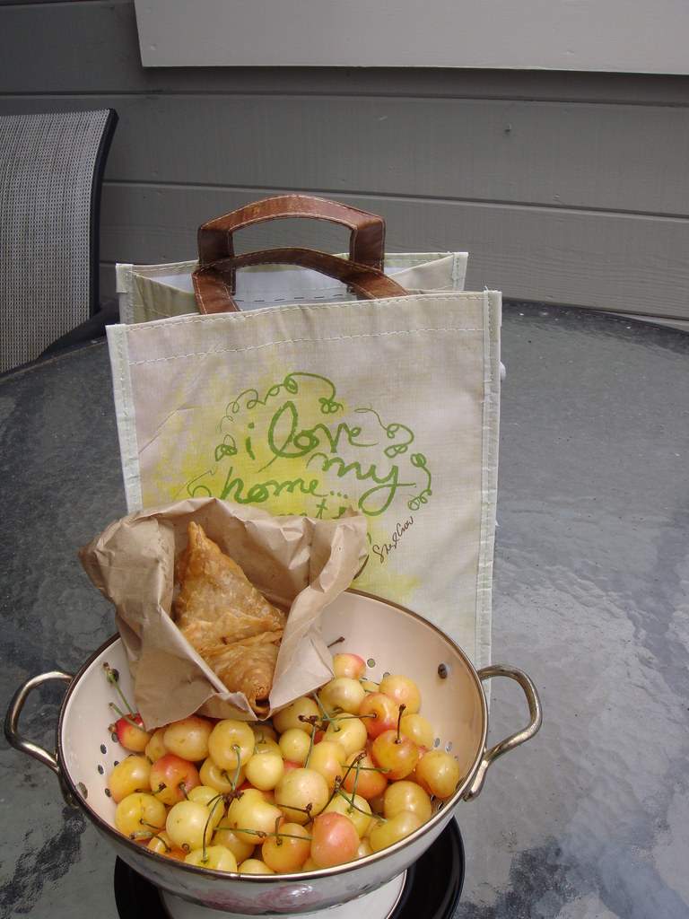 Rainier Cherries, Samosas, Free Whole Foods Bag