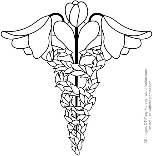The medical symbol recreated with plumeria flowers as the wings and ivy as 