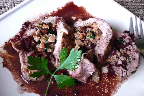 Sausage, Mascarpone Cheese & Spinach Stuffed Pork Tenderloin with Red Wine Reduction Sauce