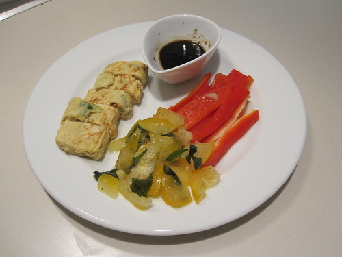 Leftover tamagoyaki, tomato salad and red bell pepper sticks