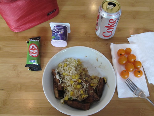 Gree tea Kit Kat, yogourt, soda (1.26), tomatoes, BBQ pork and rice
