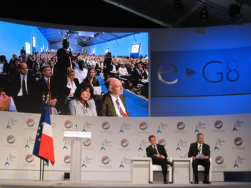 President Sarkozy takes a question from the crowd during the opening session of the eG8 forum