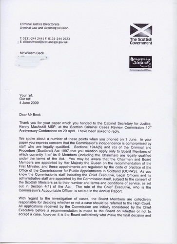 Reply From Kenny MacAskill Re SCCRC Dossier
