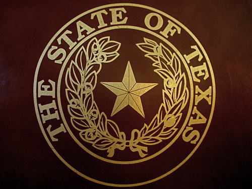 The Texas state seal as seen imprinted on one of the representative's chairs 
