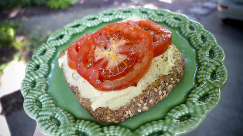 Second Breakfast: Homegrown Tomatoes and Hummus on Toast