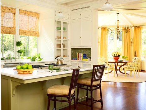 Yellow kitchen + white cabinets + painted island: 'Pale Hound' + 'Green 