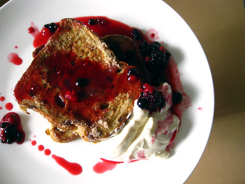 Dried fruit french toast with berry compote and yoghurt