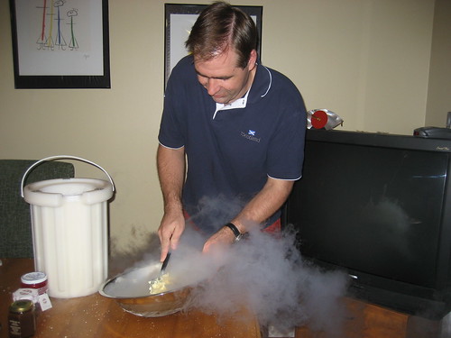 The Professor mixing liquid nitrogen with vanilla ice cream