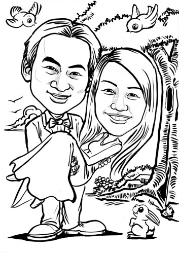 Wedding couple caricatures ink outline A4