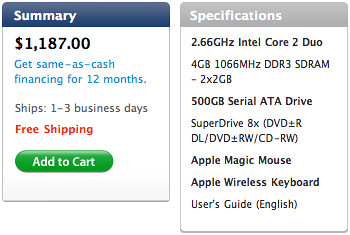 $1,187 for a 2.66Ghz/4GB RAM/500GB disk Mac mini