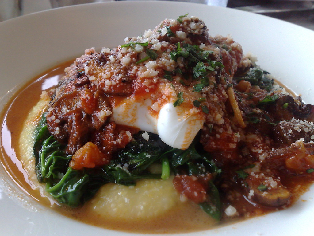Poached Eggs over Polenta with Spinach and Wild Musrooms in Marinara Sauce