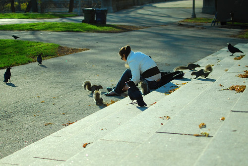 lady feeding squirrels
