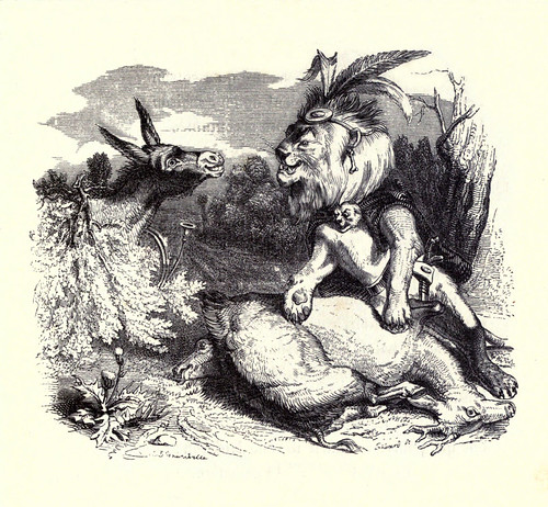 012-El leon y el asno cazando-Fabulas La Fontaine-J.Grandville