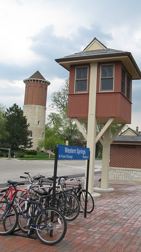 A replica of a railroad crossing gate operators tower at the Metra Western Springs commuter rail depot. Western Springs Illinois. Early May 2009.
